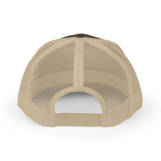 Back view of tan and brown Rack & River Outdoors mesh trucker cap