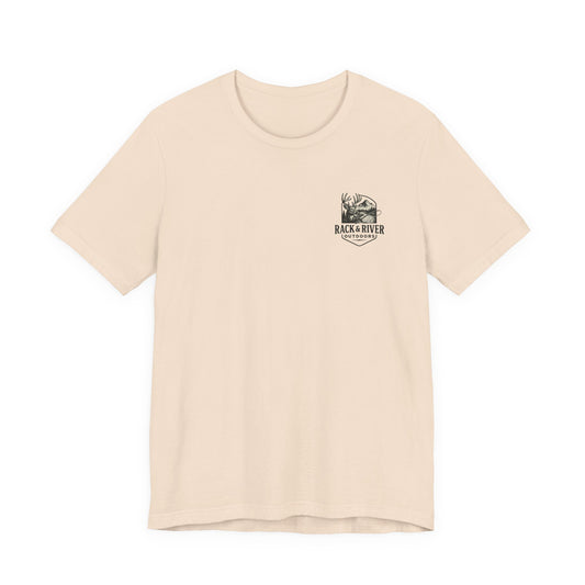 Sand Rack & River Outdoors t-shirt with small antler emblem on the chest.