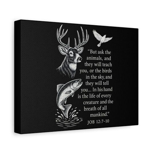 Side-view of Job 12:7-10 Christian wildlife canvas with deer, fish, and dove design on black background.