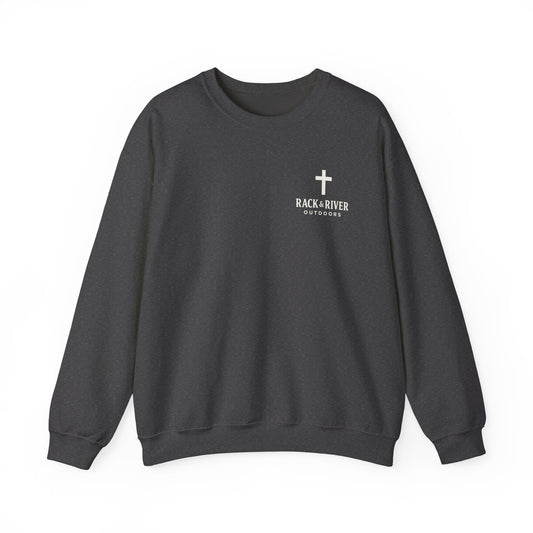 Dark gray unisex crewneck with Rack & River Outdoors chest logo.