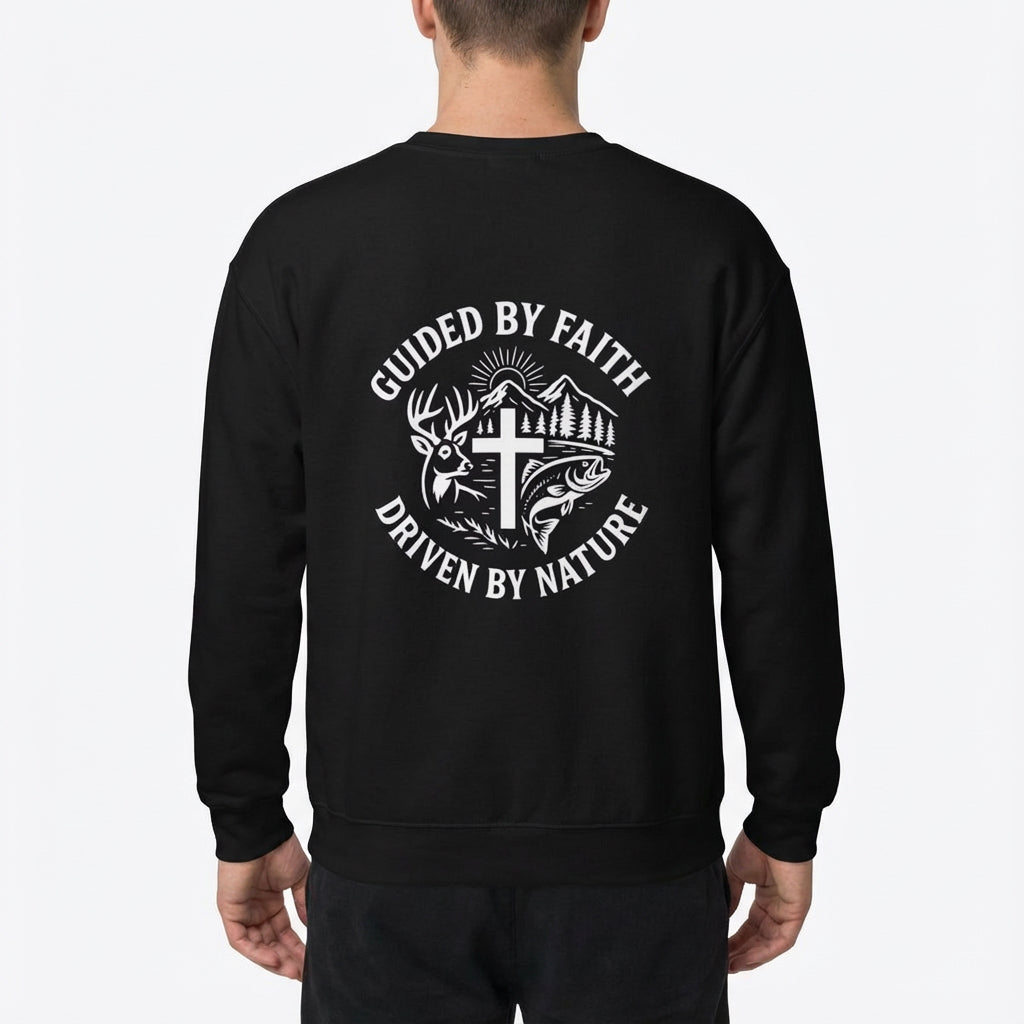 Model wearing black Christian crewneck featuring the ‘Guided by Faith, Driven by Nature’ cross and antler artwork.
