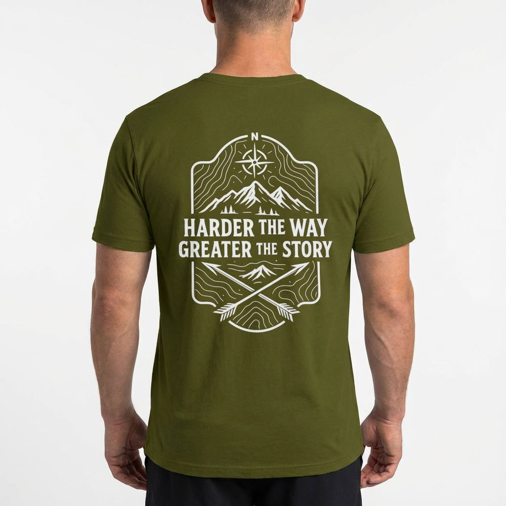 Model wearing olive green ‘Harder the Way, Greater the Story’ back-graphic t-shirt by Rack & River Outdoors.