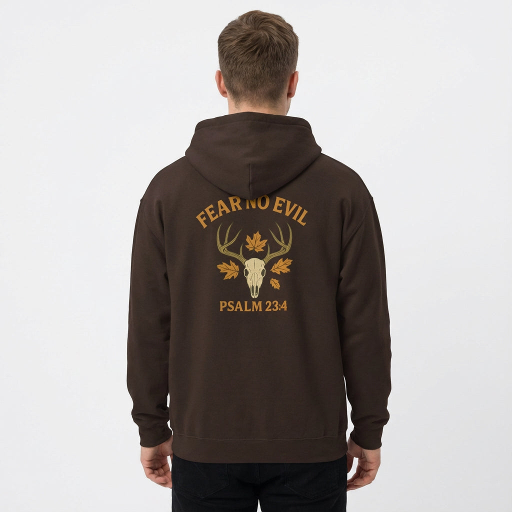 Christian outdoorsman wearing Fear No Evil antler hoodie with Psalm 23:4 scripture