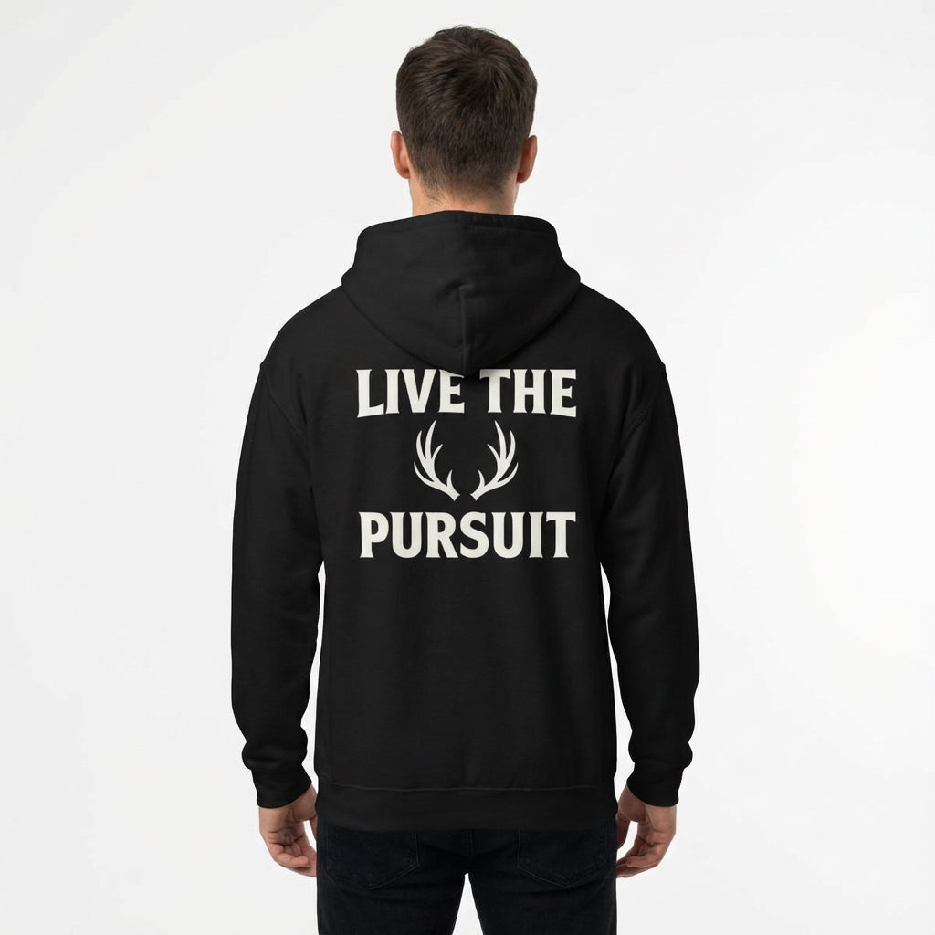 Man wearing black Christian hoodie with large ‘Live The Pursuit’ back graphic.
