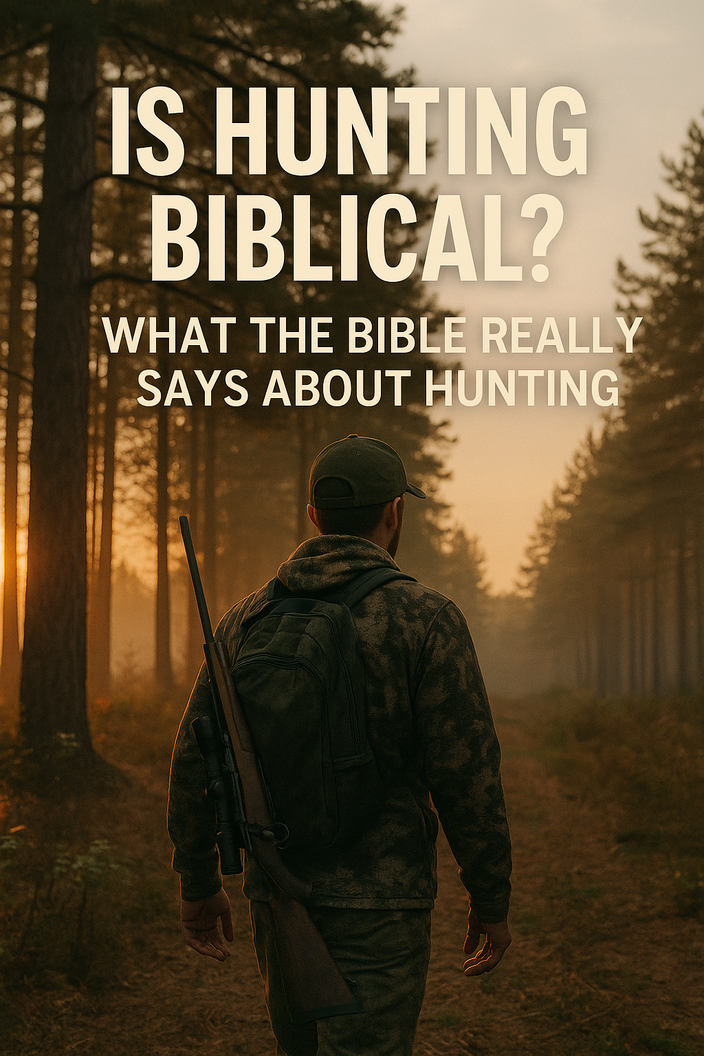 Christian hunter walking through a forest at sunrise with blog title ‘Is Hunting Biblical? What the Bible Says About Hunting’ displayed on the image.