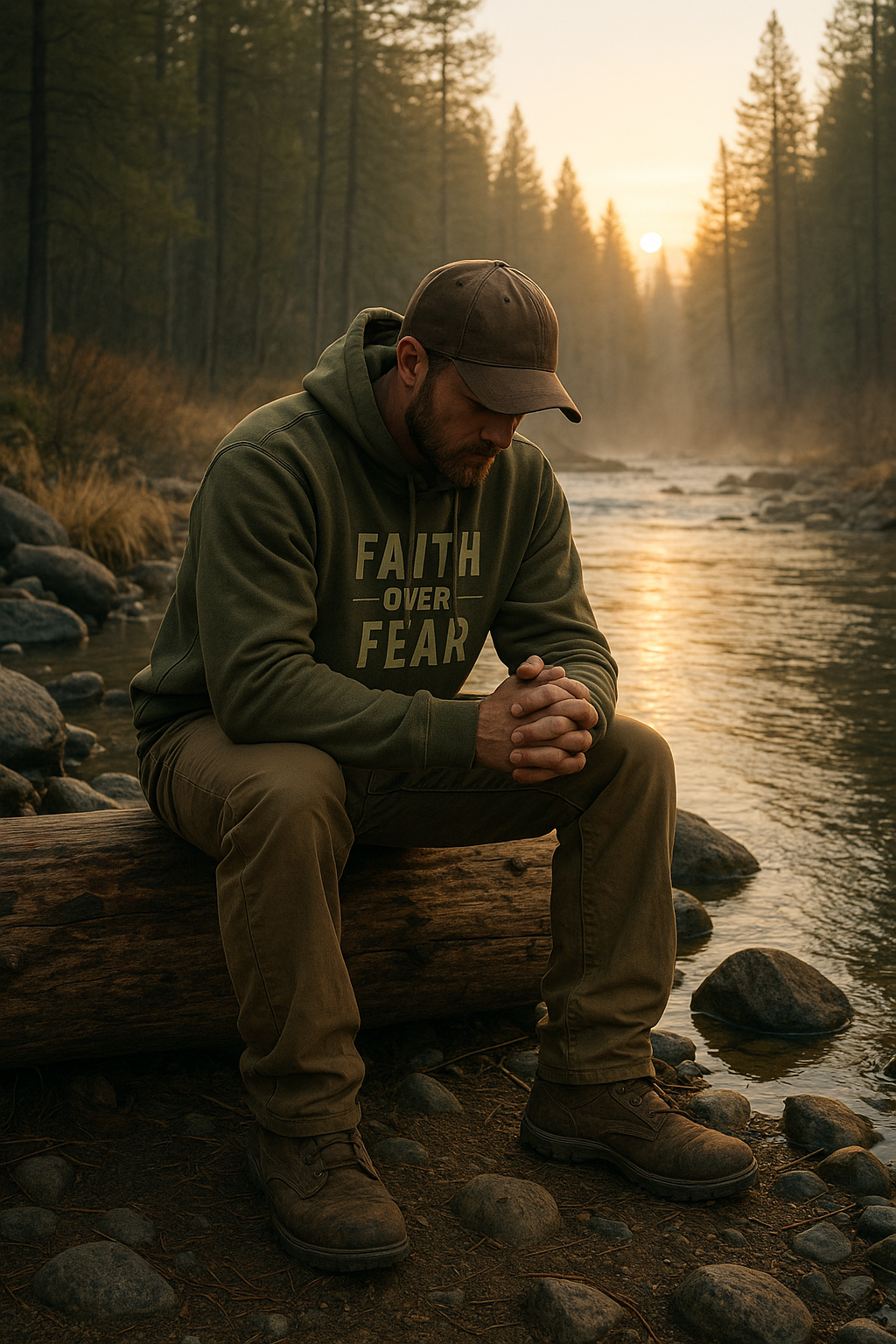 Christian man sitting by a quiet river at sunrise wearing a ‘Faith Over Fear’ hoodie, reflecting and finding peace in nature.
