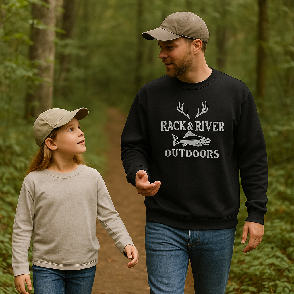 Dad and child walking on a forest trail, talking about God and spending time together in nature.