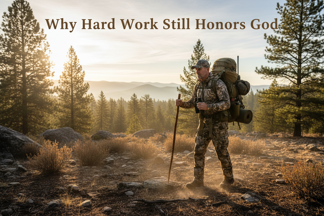 Hunter Hiking in the forest showing why hard work still honers God