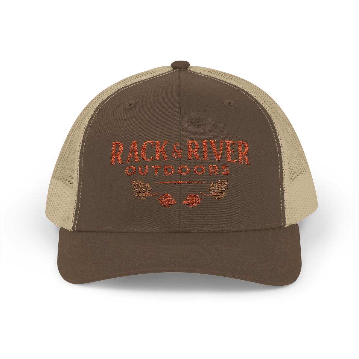 Rack & River Outdoors tan and brown trucker hat featuring the orange outdoor logo on the front panel.