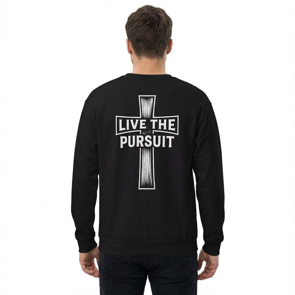 Black Christian sweatshirt featuring a cross with ‘Live The Pursuit’ printed on the back.