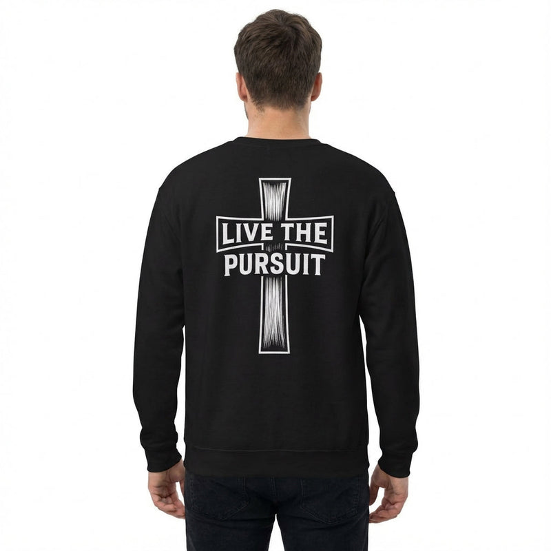 Black Christian sweatshirt featuring a cross with ‘Live The Pursuit’ printed on the back.
