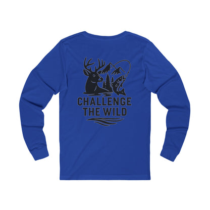 Blue long sleeve shirt with black “Challenge the Wild” deer and wilderness graphic.