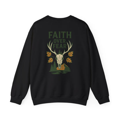 Black Christian crewneck with ‘Faith Over Fear’ deer skull and fall leaves graphic, faith-based outdoor sweatshirt.