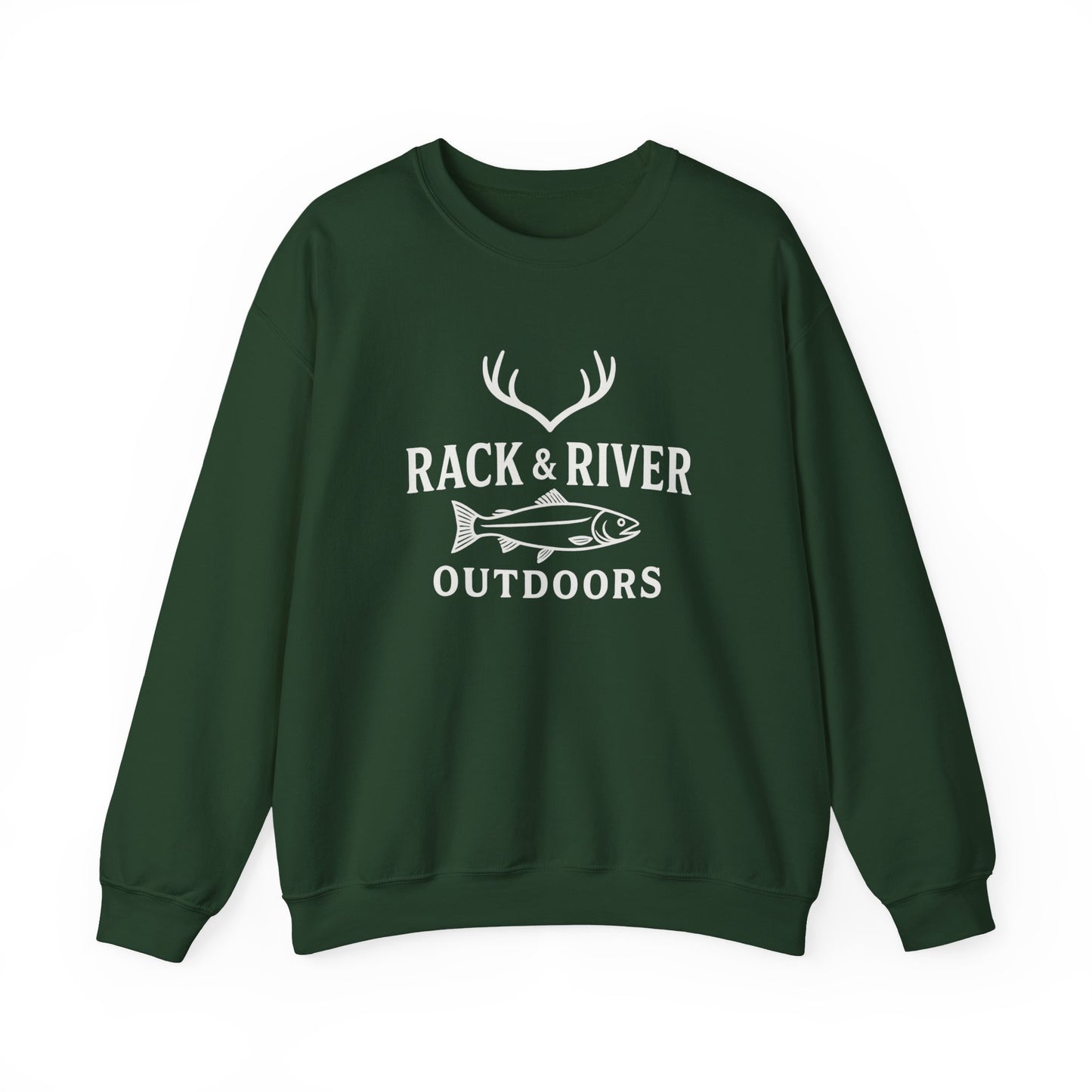 Green unisex crewneck with Rack & River Outdoors chest logo.