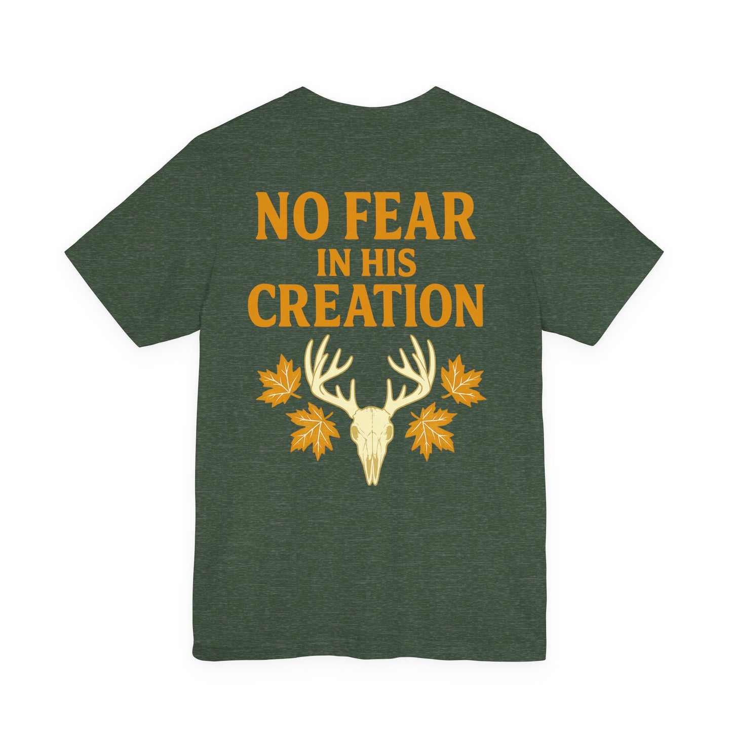 Green ‘No Fear in His Creation’ Christian hunting t-shirt with yellow deer antler skull design, product mockup on white background.