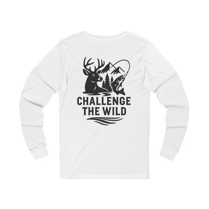 White long sleeve shirt with black “Challenge the Wild” deer and wilderness graphic.