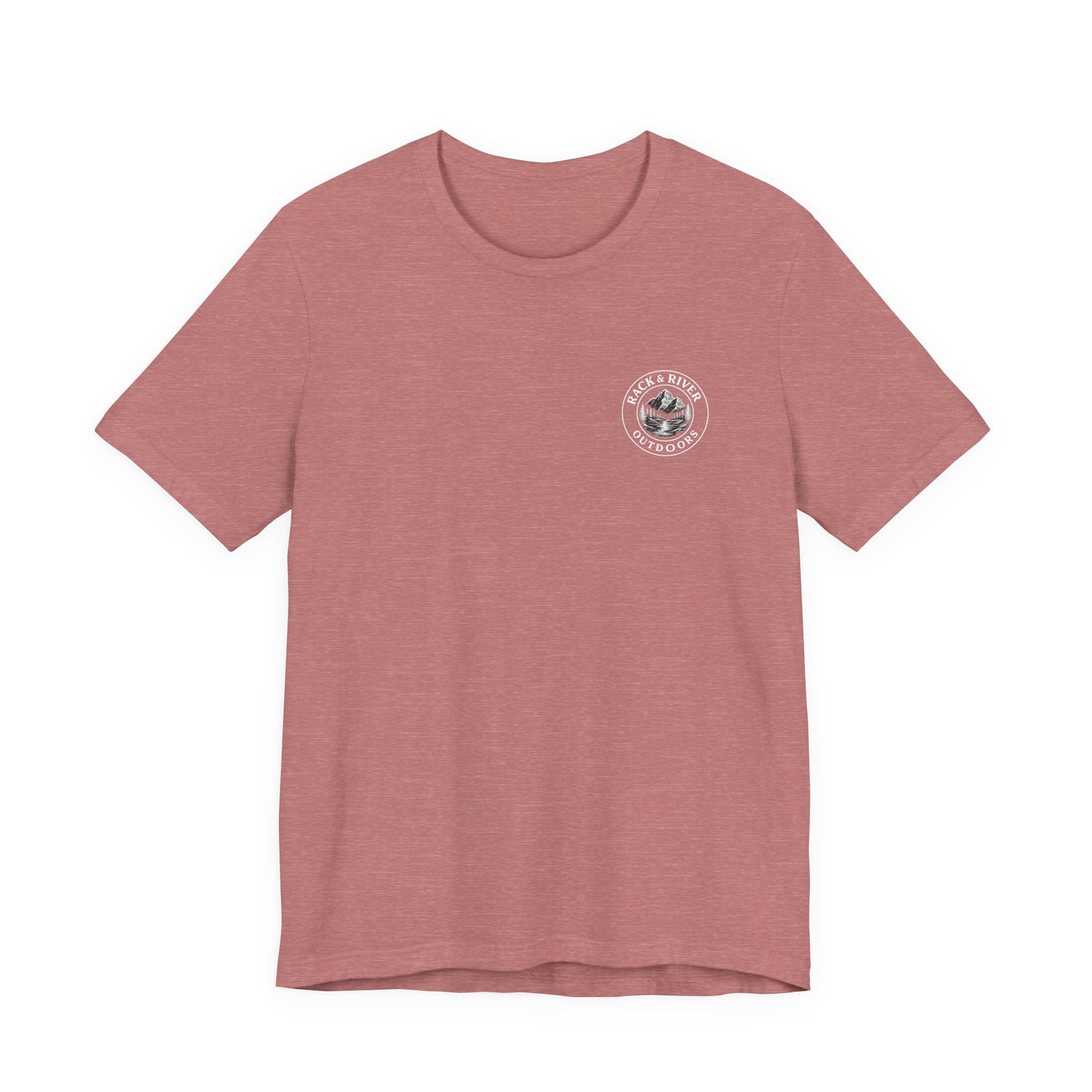 Pink Rack & River Outdoors t-shirt with small outdoor chest emblem.