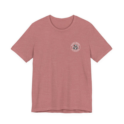 Pink Rack & River Outdoors t-shirt with small outdoor chest emblem.