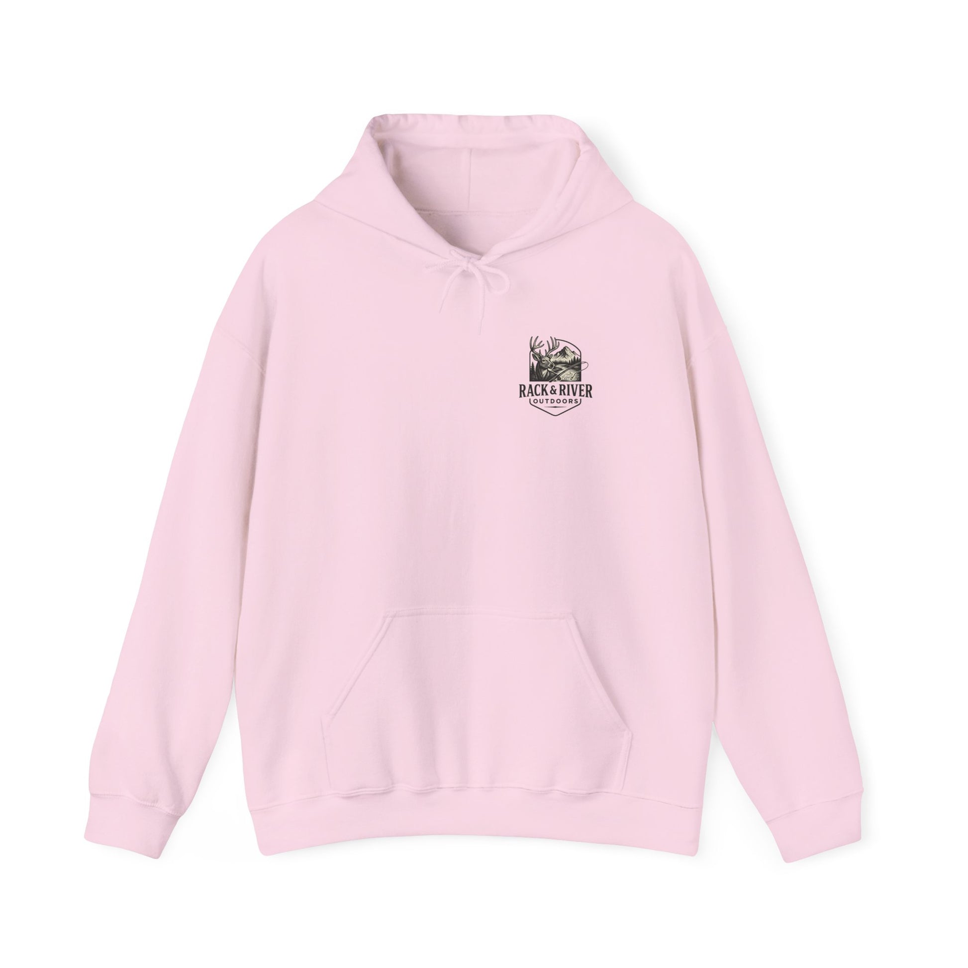 Pink Sand hoodie featuring small Rack & River Outdoors chest logo.