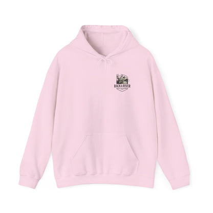 Pink Sand hoodie featuring small Rack & River Outdoors chest logo.