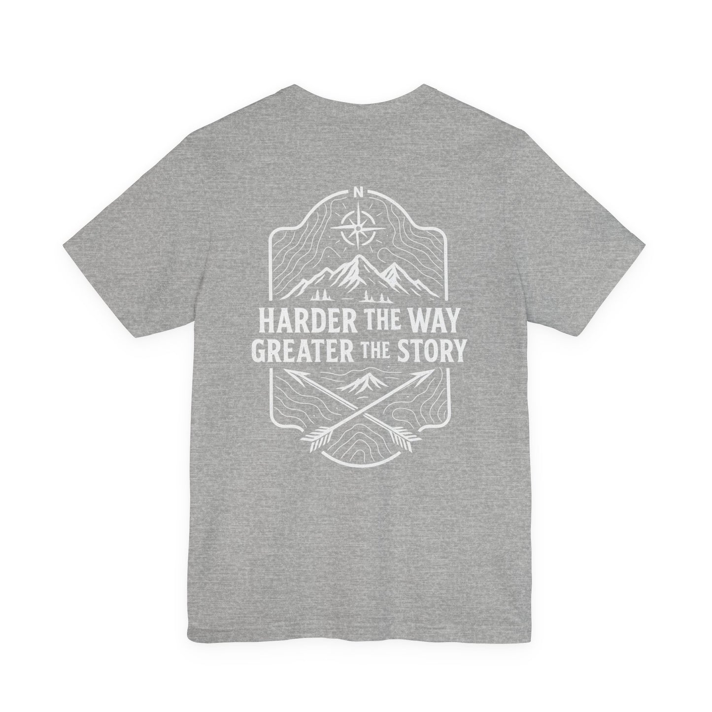 Gray Rack & River Outdoors t-shirt with ‘Harder the Way, Greater the Story’ mountain compass graphic on the back.