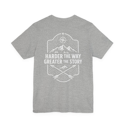 Gray Rack & River Outdoors t-shirt with ‘Harder the Way, Greater the Story’ mountain compass graphic on the back.