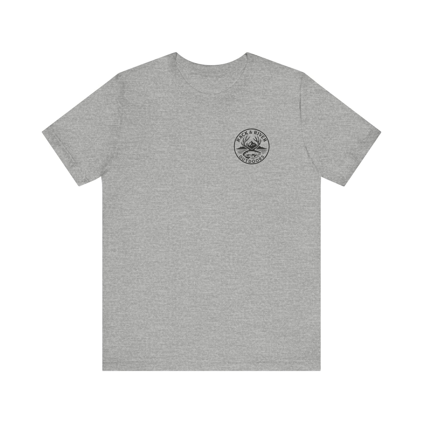 Gray Rack & River Outdoors t-shirt with small compass chest logo.