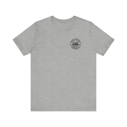 Gray Rack & River Outdoors t-shirt with small compass chest logo.