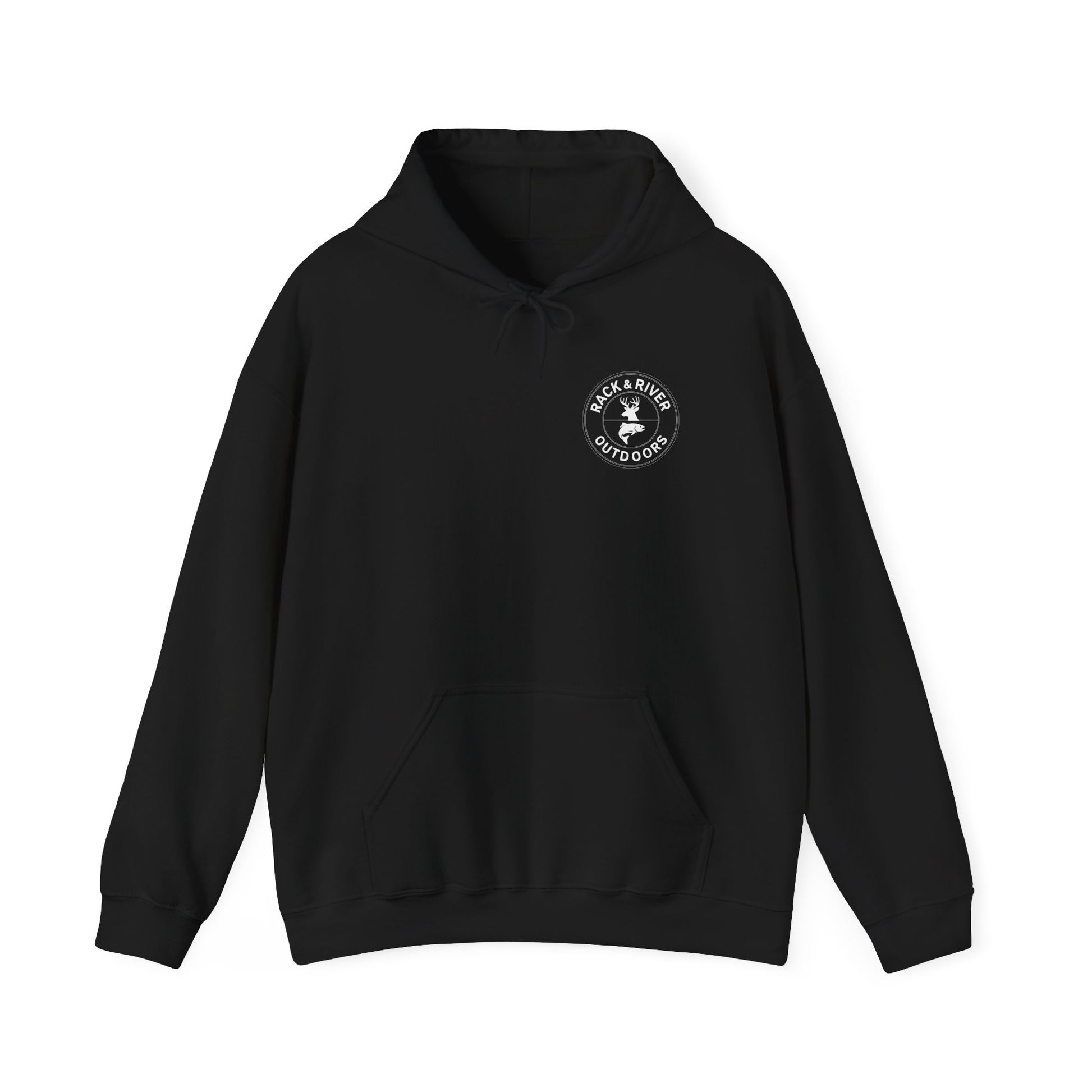 Black hoodie with small front chest Rack & River Outdoors logo.