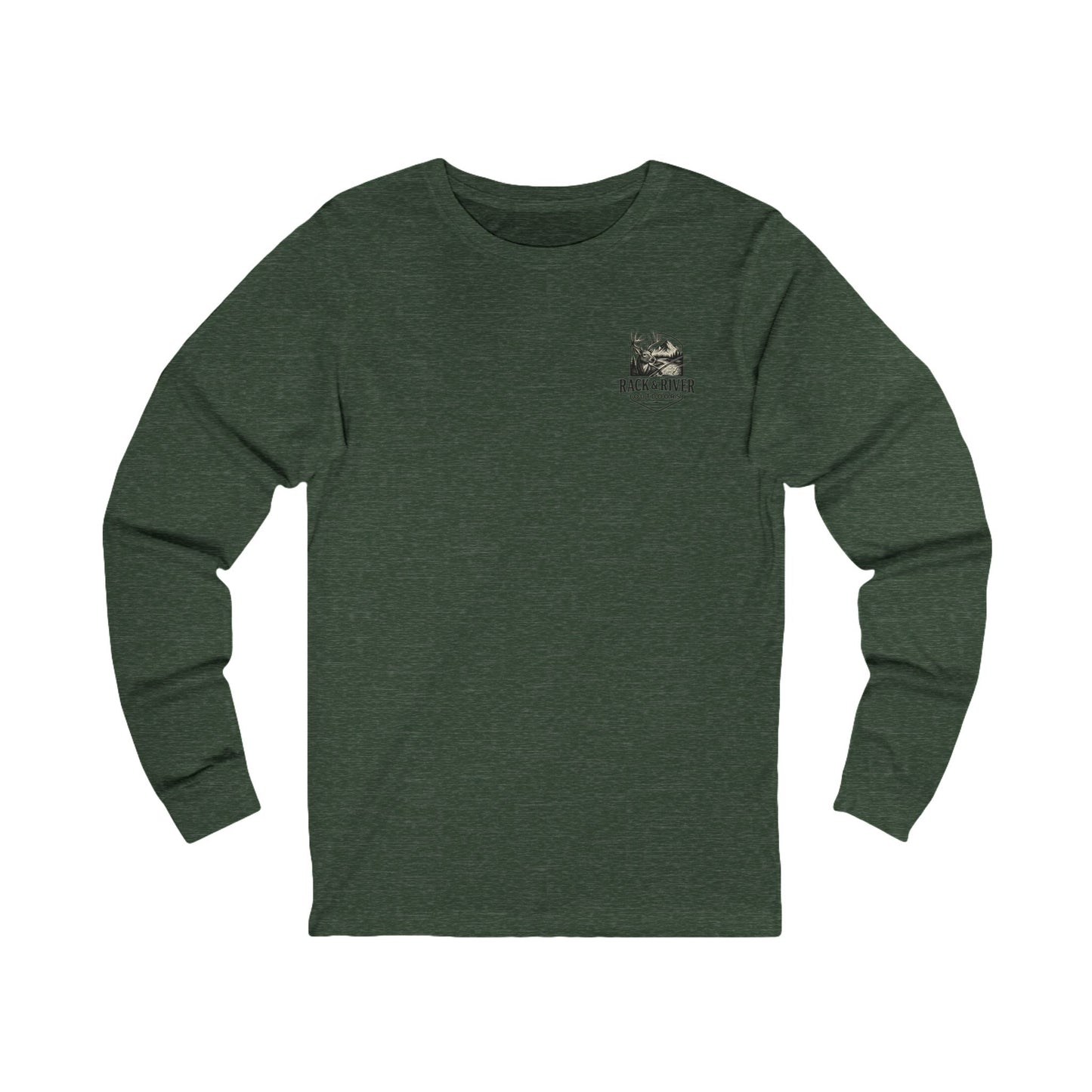 Green long sleeve shirt with Rack & River Outdoors chest logo.