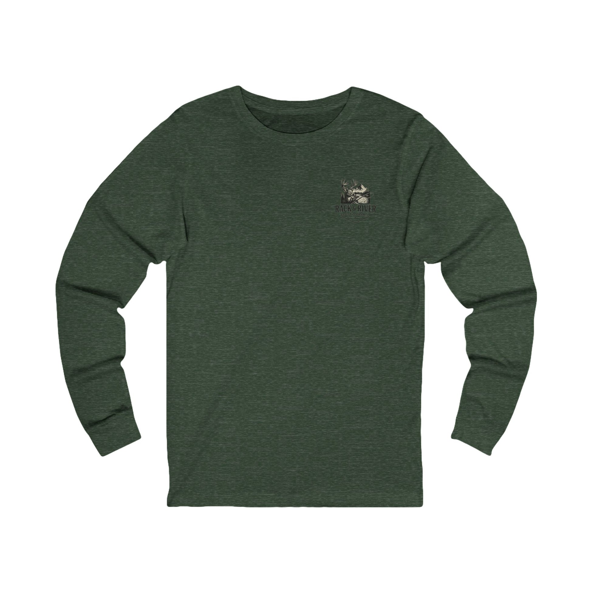 Green long sleeve shirt with Rack & River Outdoors chest logo.
