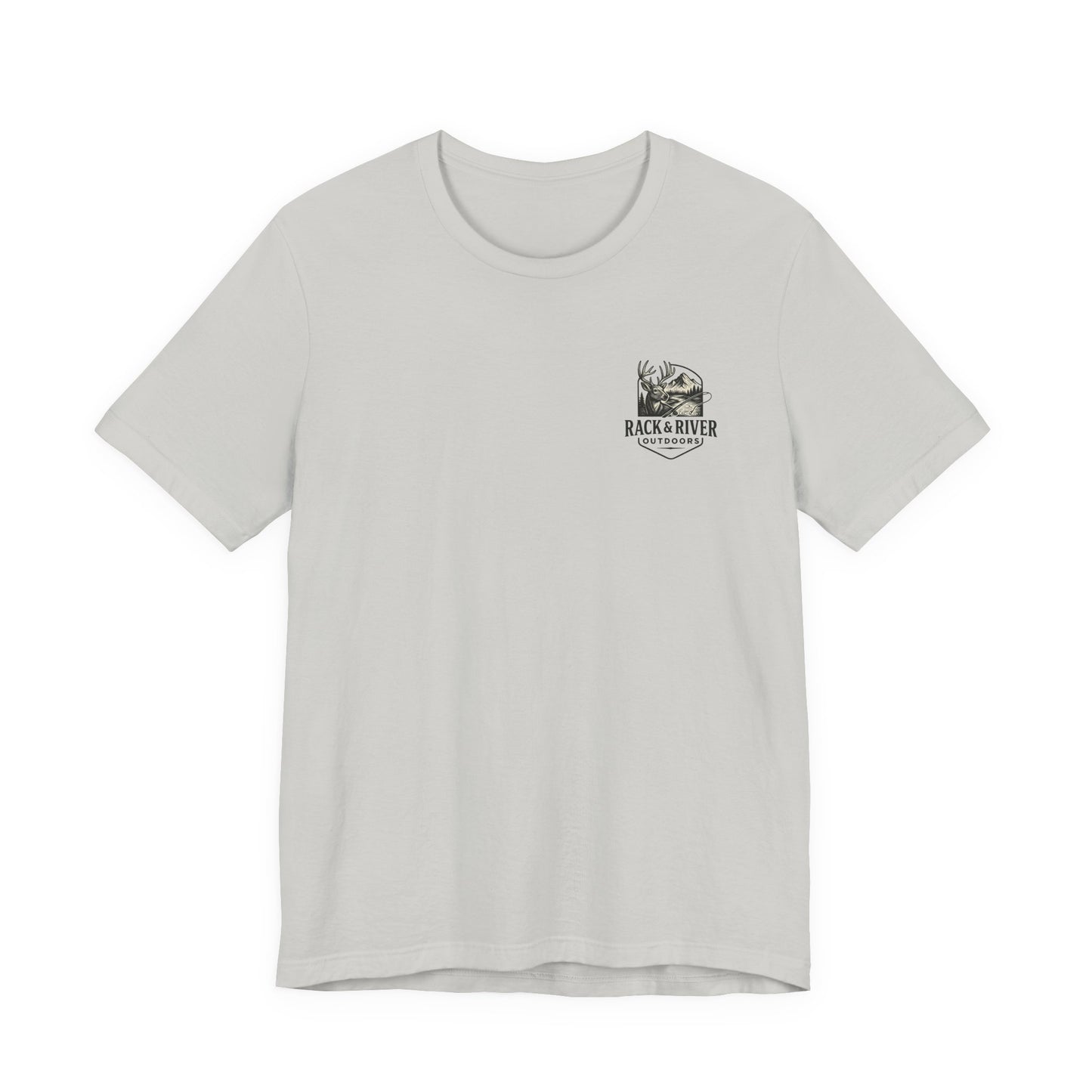 Gray Rack & River Outdoors t-shirt with small antler emblem on the chest.