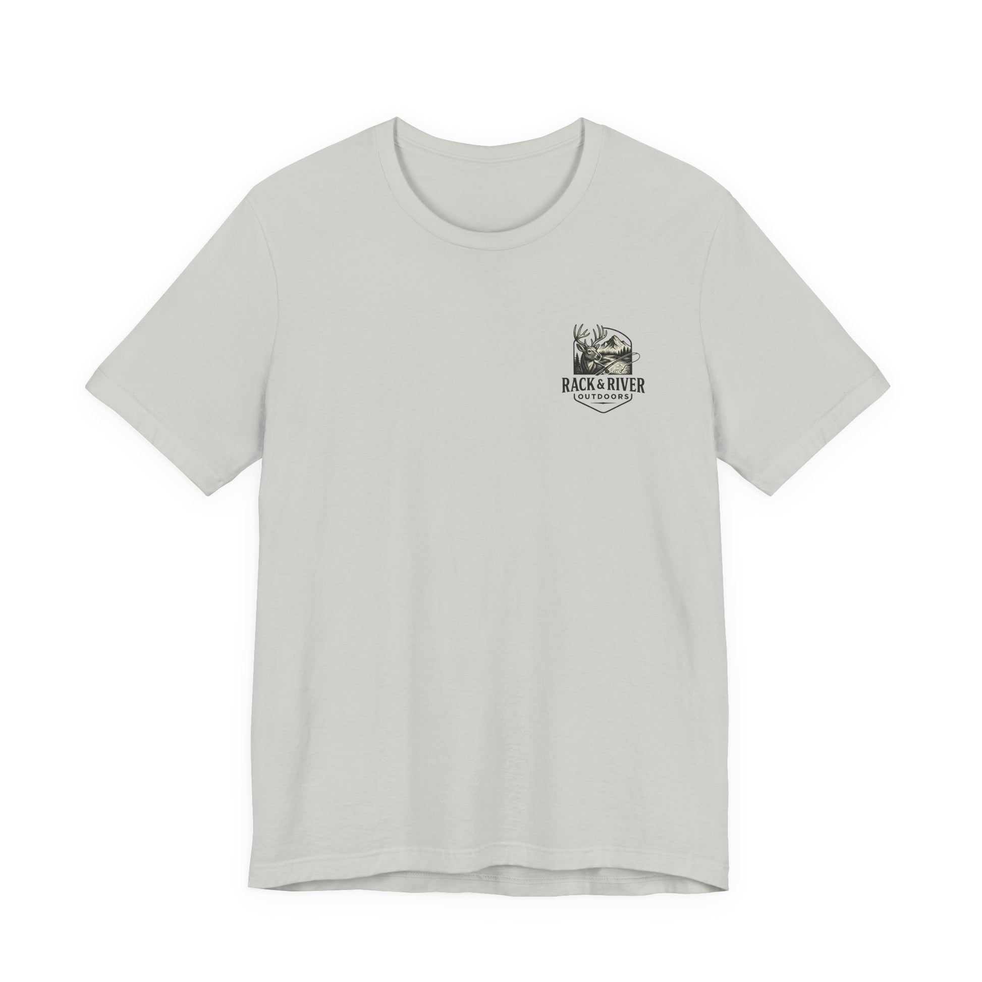 Gray Rack & River Outdoors t-shirt with small antler emblem on the chest.