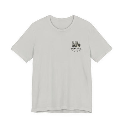 Gray Rack & River Outdoors t-shirt with small antler emblem on the chest.