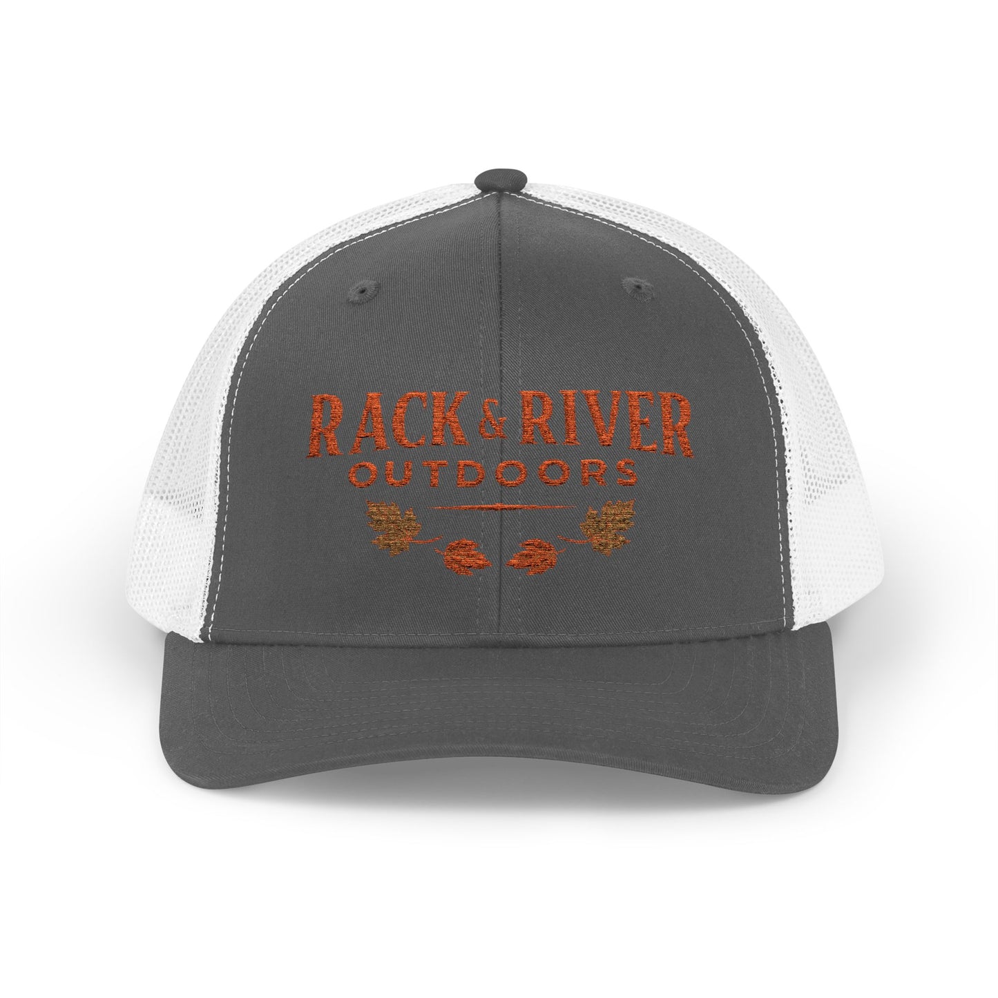 Christian outdoor trucker hat in gray and white with embroidered Rack & River Outdoors logo.”
“Rack & River Outdoors brown trucker cap with orange embroidered outdoor lifestyle logo.