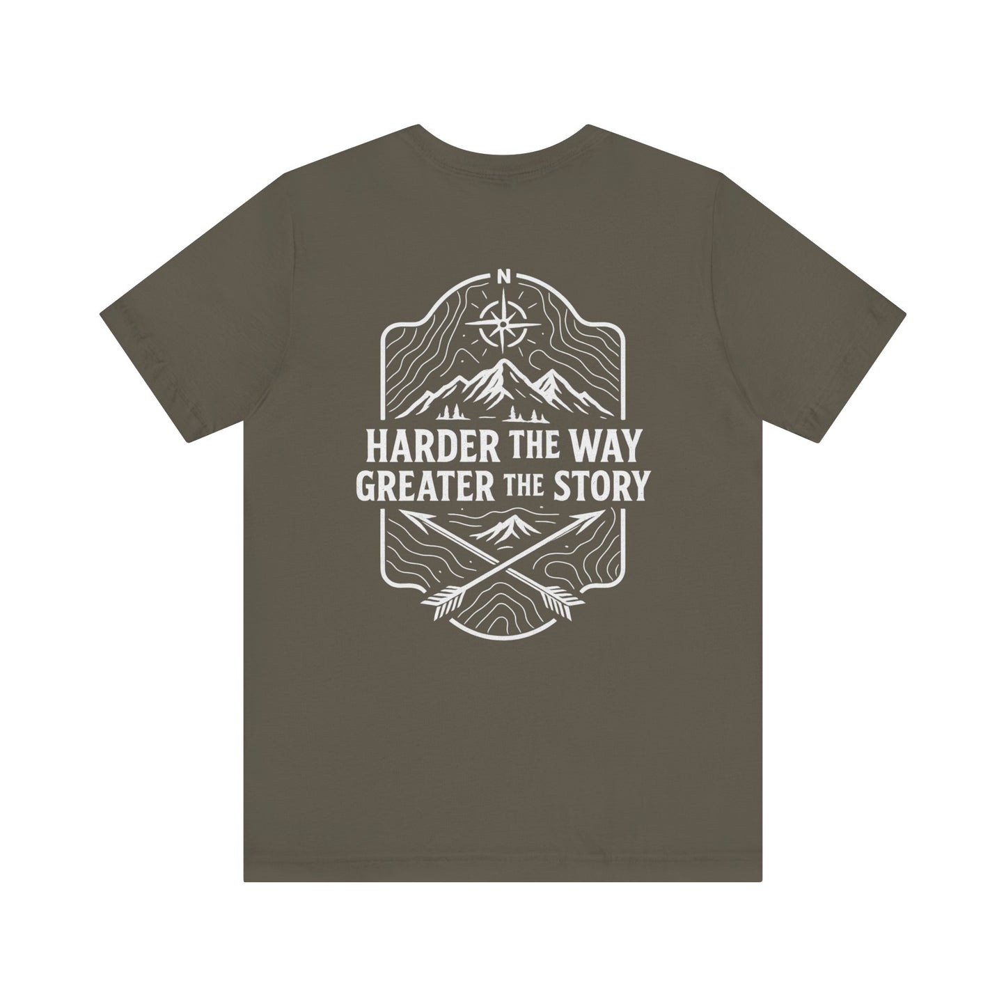 Gray Rack & River Outdoors t-shirt with ‘Harder the Way, Greater the Story’ mountain compass graphic on the back.
