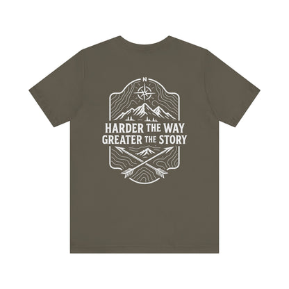 Gray Rack & River Outdoors t-shirt with ‘Harder the Way, Greater the Story’ mountain compass graphic on the back.