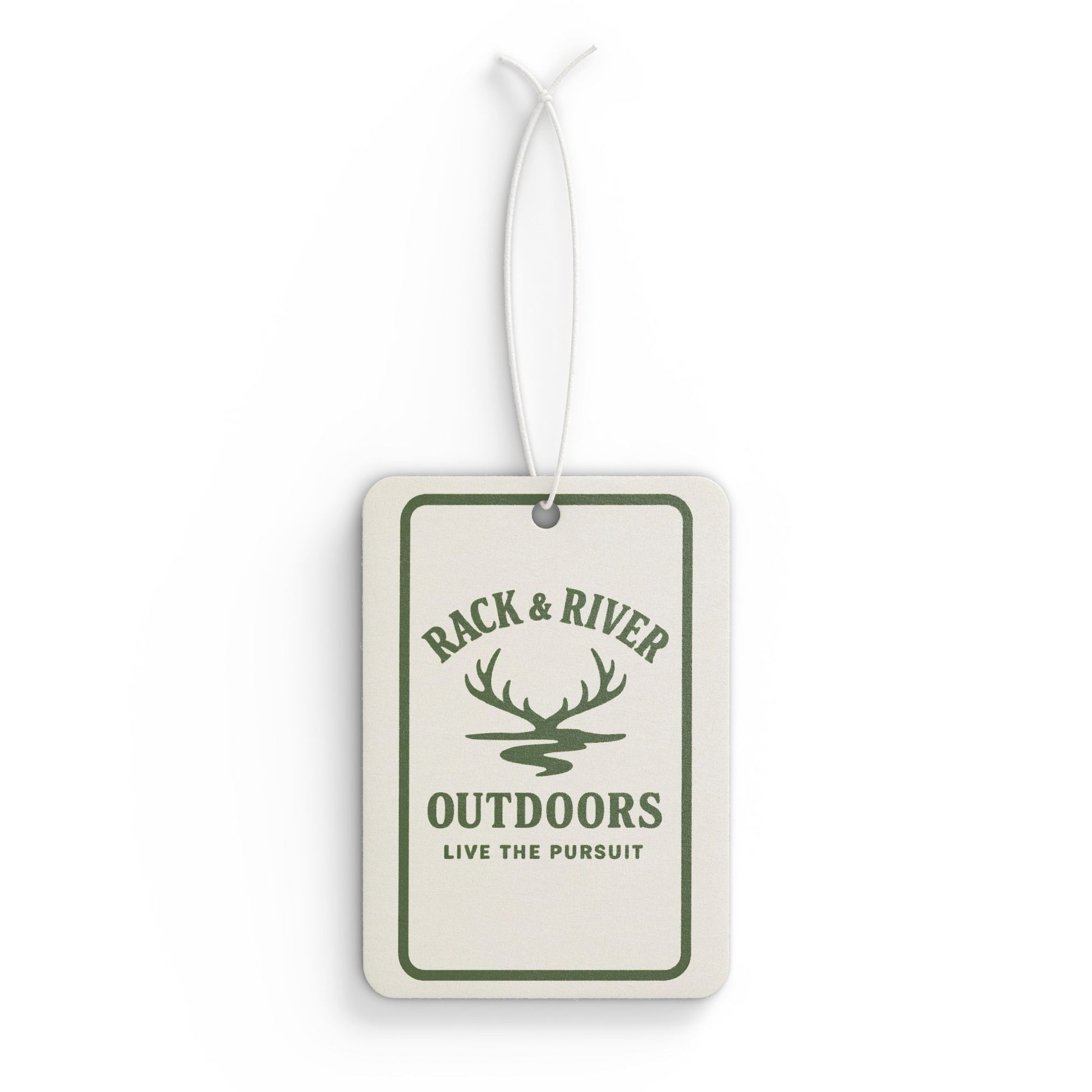 Rack & River Outdoors car air freshener featuring antler logo and ‘Live The Pursuit’ design on a white background.