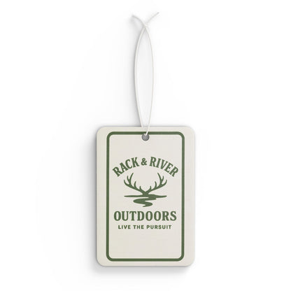 Rack & River Outdoors car air freshener featuring antler logo and ‘Live The Pursuit’ design on a white background.