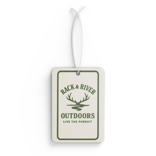 Rack & River Outdoors car air freshener featuring antler logo and ‘Live The Pursuit’ design on a white background.
