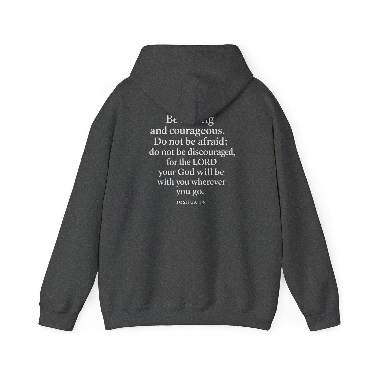 Gray Christian hoodie with Joshua 1:9 Bible verse on the back by Rack & River Outdoors.