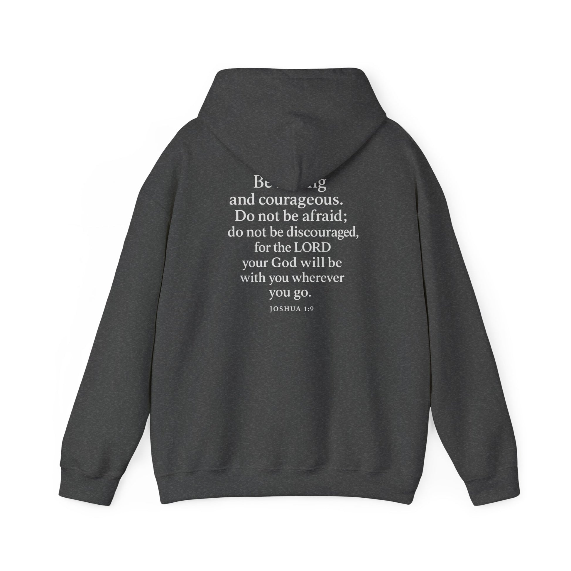 Gray Christian hoodie with Joshua 1:9 Bible verse on the back by Rack & River Outdoors.