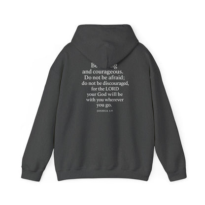 Gray Christian hoodie with Joshua 1:9 Bible verse on the back by Rack & River Outdoors.