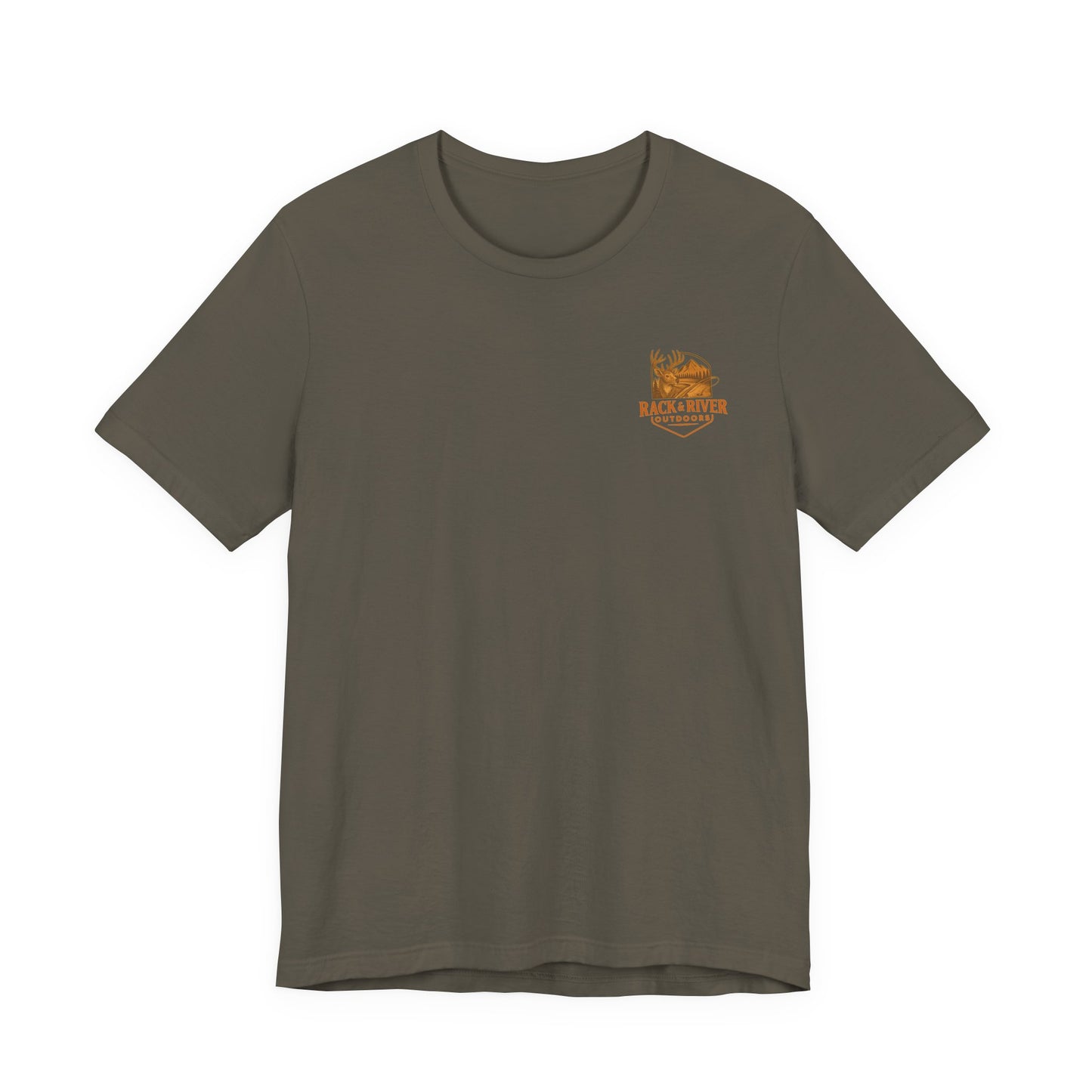 Green Christian outdoor lifestyle t-shirt featuring small Rack & River Outdoors deer logo on the left chest, product display on white background.