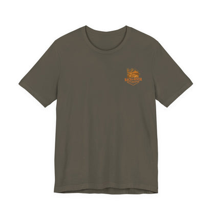 Green Christian outdoor lifestyle t-shirt featuring small Rack & River Outdoors deer logo on the left chest, product display on white background.