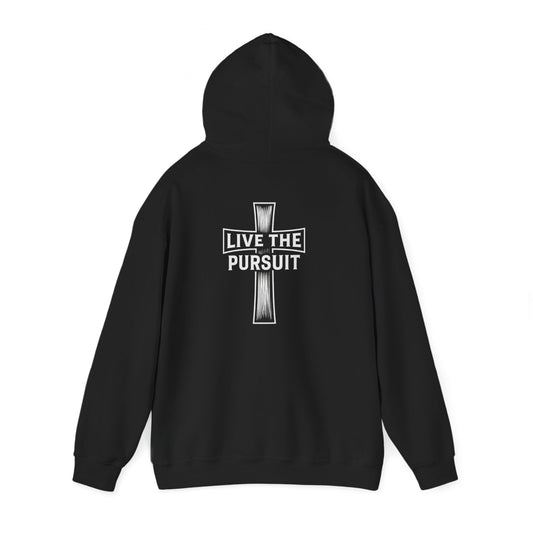 Black Christian hoodie with Live The Pursuit cross design on the back.