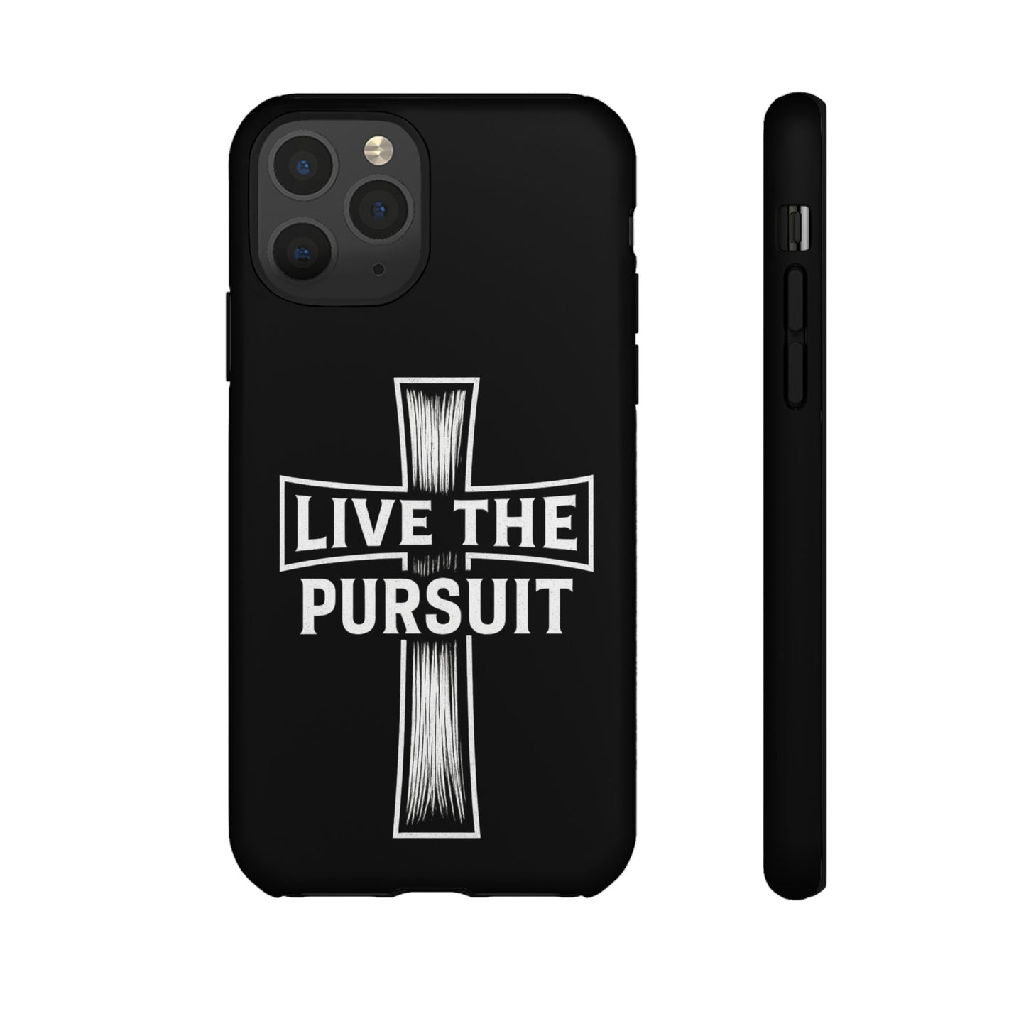 Black Christian phone case with white ‘Live The Pursuit’ cross design by Rack & River Outdoors.