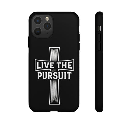 Black Christian phone case with white ‘Live The Pursuit’ cross design by Rack & River Outdoors.