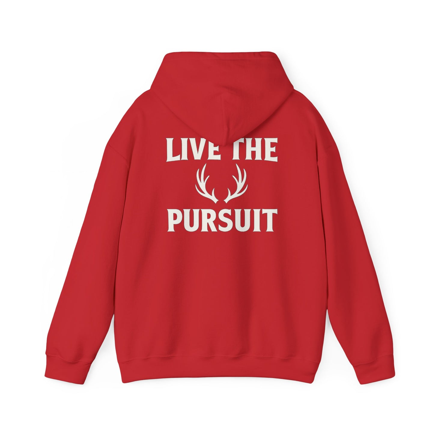 Red Christian hoodie with large ‘Live The Pursuit’ antler graphic by Rack & River Outdoors.