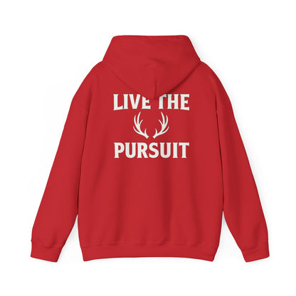 Red Christian hoodie with large ‘Live The Pursuit’ antler graphic by Rack & River Outdoors.
